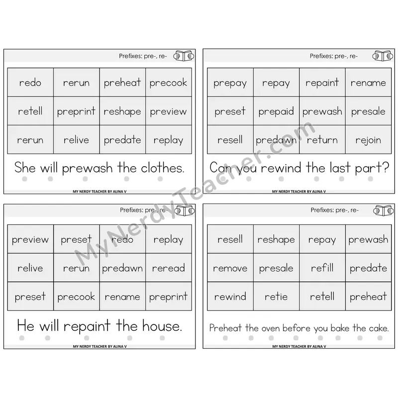 Prefixes pre- and re- Decodable Fluency Mats Task Cards — Decodable Sentences