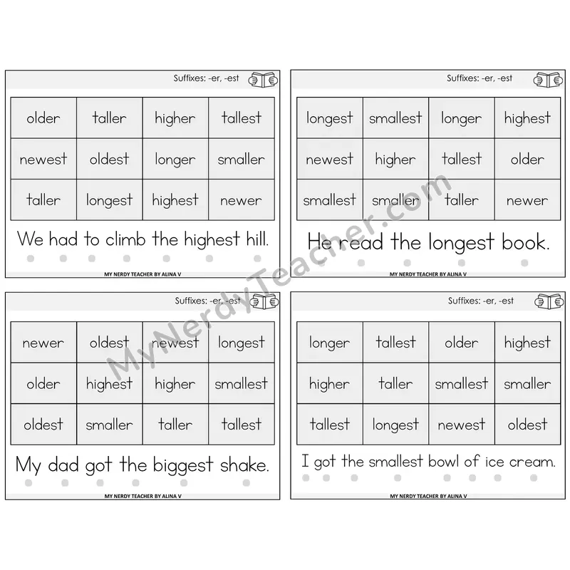 Suffixes -er and -est Decodable Fluency Mats Task Cards — Decodable Sentences