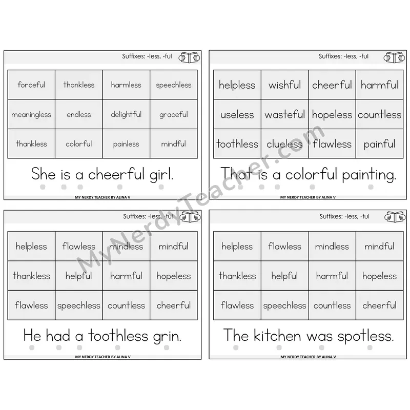 Suffixes -less and -ful Decodable Fluency Mats Task Cards — Decodable Sentences