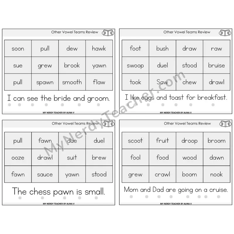 Other Vowel Teams Review Decodable Fluency Mats Task Cards — Decodable Sentences