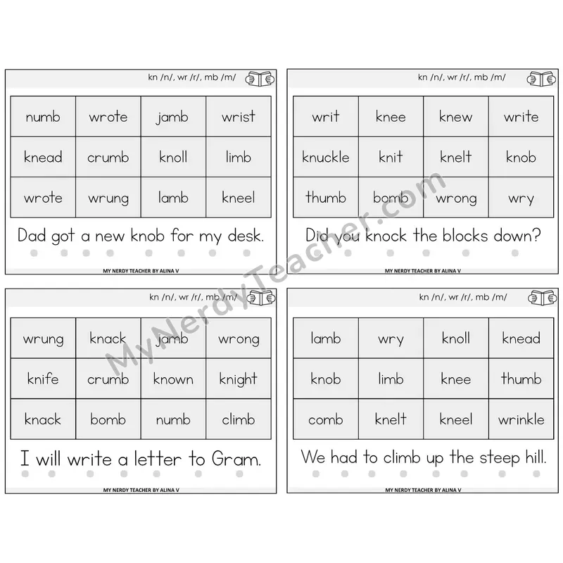 Silent Letters (kn, wr, mb) Decodable Fluency Mats Task Cards — Decodable Sentences