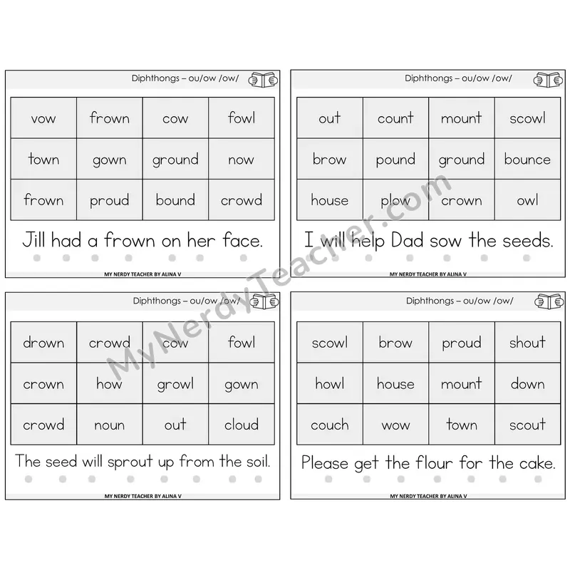 Diphthong OU and OW Decodable Fluency Mats Task Cards — Decodable Sentences
