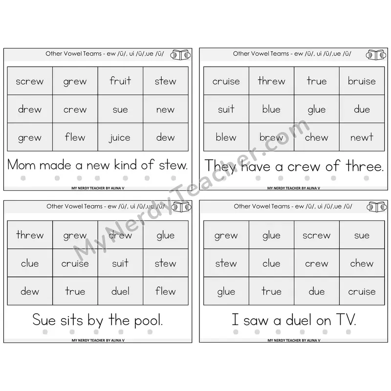 Long U (ew, ui, ue) Decodable Fluency Mats Task Cards — Decodable Sentences