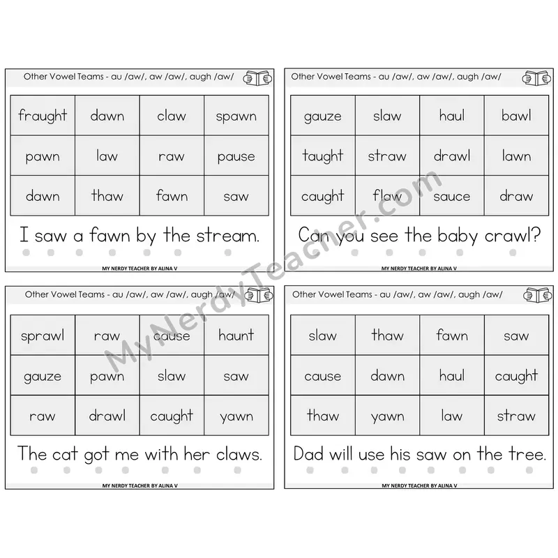 AU, AW, AUGH (/aw/) Decodable Fluency Mats Task Cards — Decodable Sentences