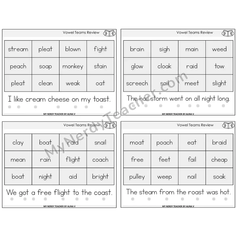 Long Vowel Teams Review Decodable Fluency Mats Task Cards — Decodable Sentences