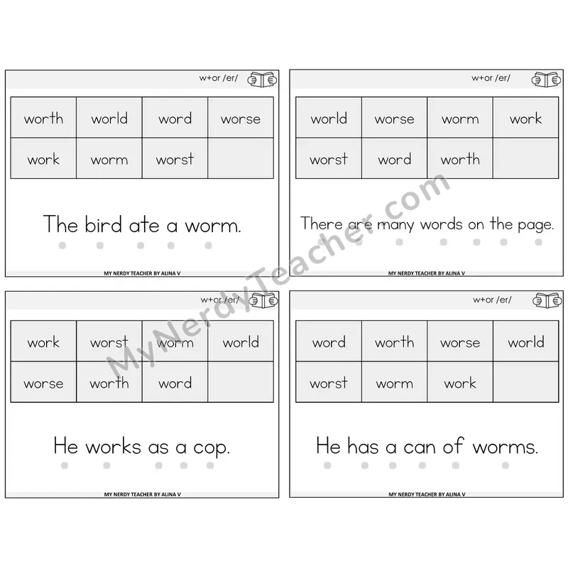 W+OR spelling /er/ Decodable Fluency Mats Task Cards — Decodable Sentences