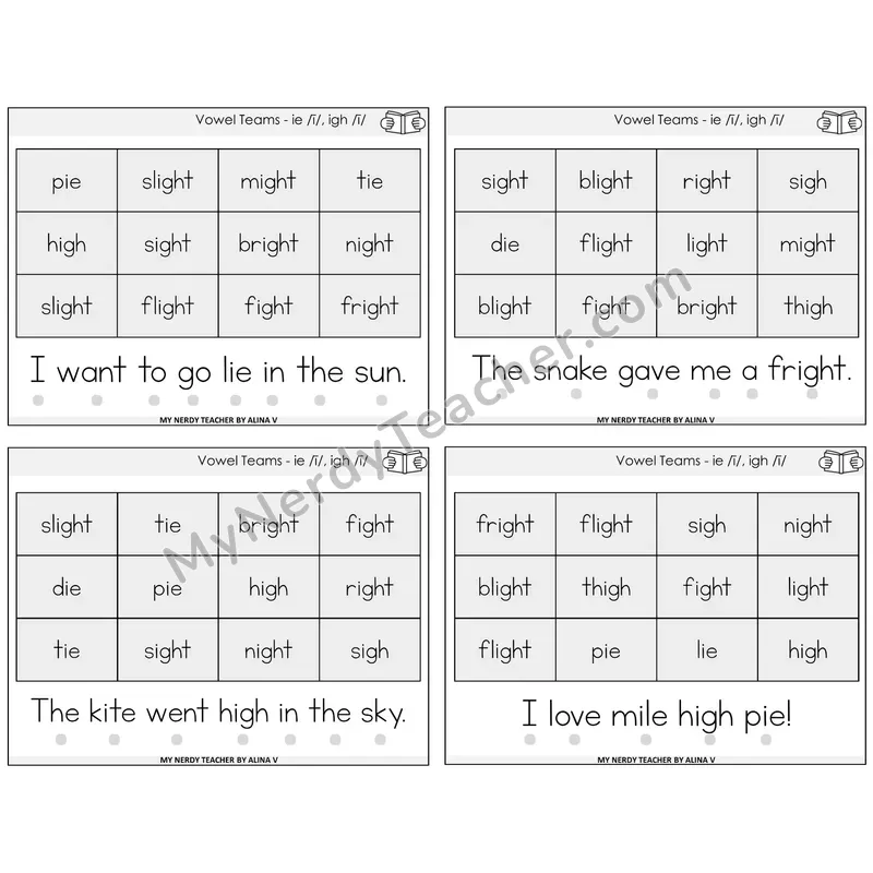 Long I Vowel Teams (ie, igh) Decodable Fluency Mats Task Cards — Decodable Sentences