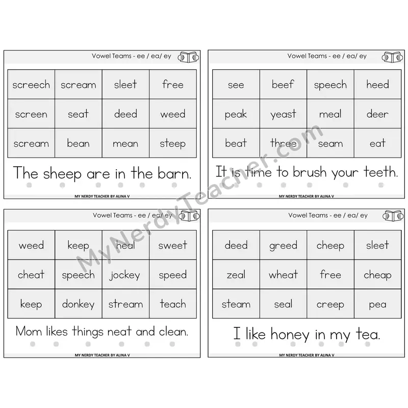Long E Vowel Teams (ee, ea, ey) Decodable Fluency Mats Task Cards — Decodable Sentences