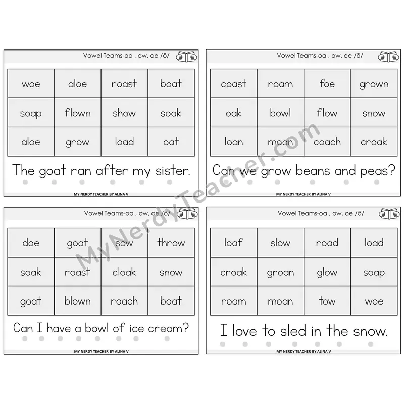 Long O Vowel Teams (oa, ow, oe) Decodable Fluency Mats Task Cards — Decodable Sentences