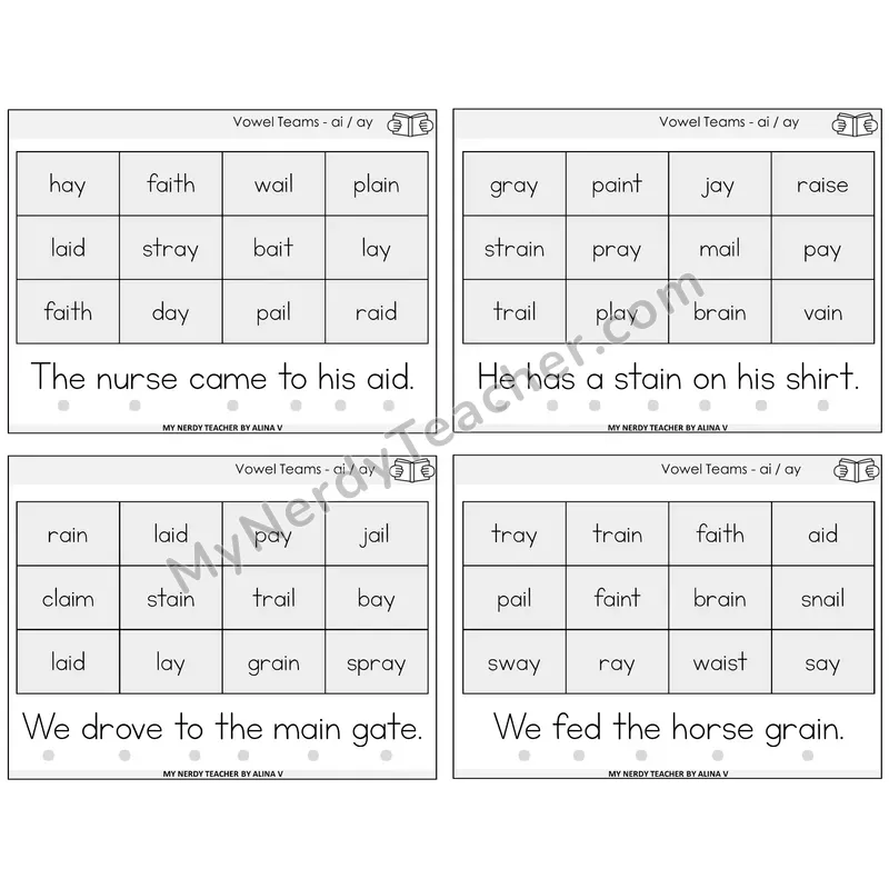 Long A Vowel Teams (ai, ay) Decodable Fluency Mats Task Cards — Decodable Sentences