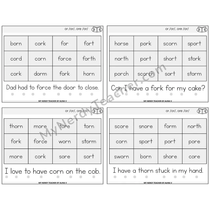 R-Controlled OR and ORE Decodable Fluency Mats Task Cards — Decodable Sentences