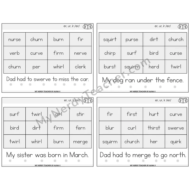 R-Controlled ER, UR, IR Decodable Fluency Mats Task Cards — Decodable Sentences