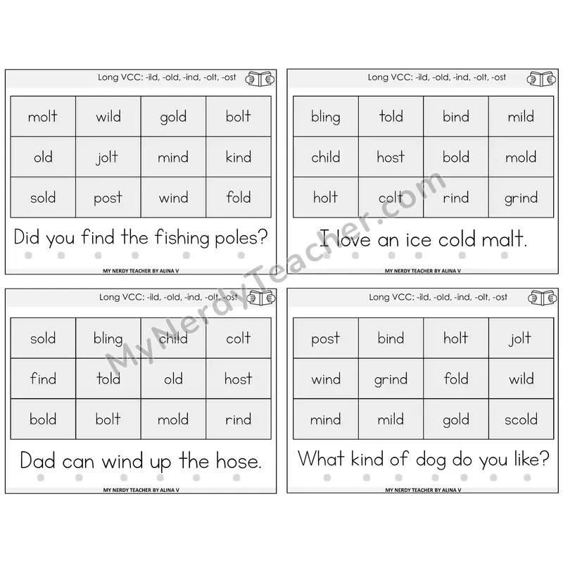 Long VCC Patterns Decodable Fluency Mats Task Cards — Decodable Sentences