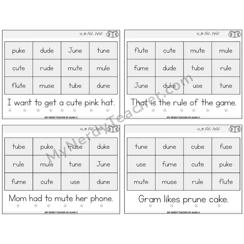 Long U VCe (u_e) Decodable Fluency Mats Task Cards — Decodable Sentences