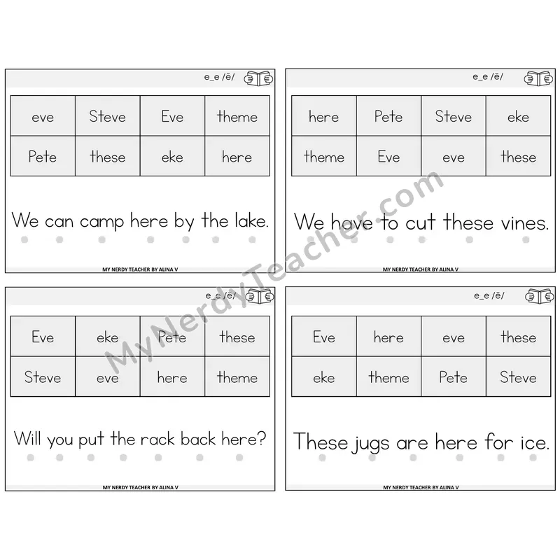 Long E VCe (e_e) Decodable Fluency Mats Task Cards — Decodable Sentences