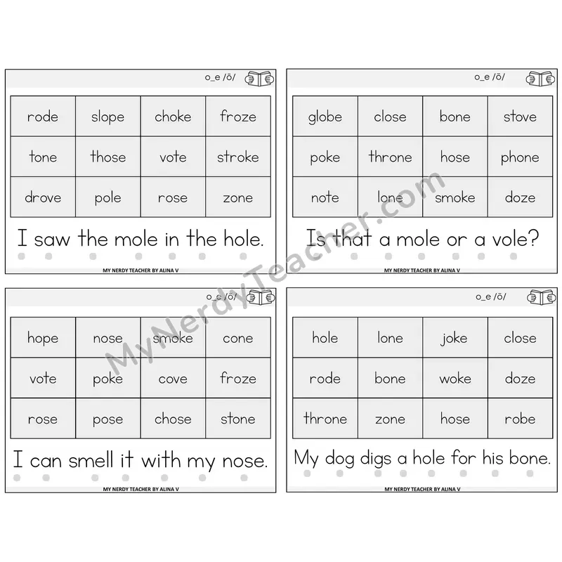 Long O VCe (o_e) Decodable Fluency Mats Task Cards — Decodable Sentences