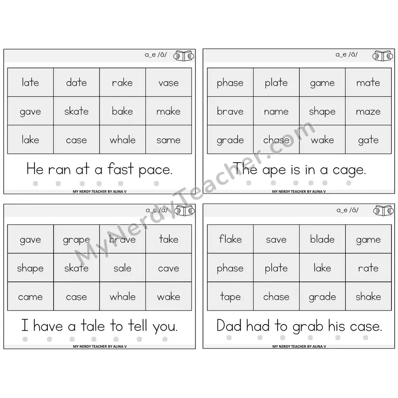 Long A VCe (a_e) Decodable Fluency Mats Task Cards — Decodable Sentences