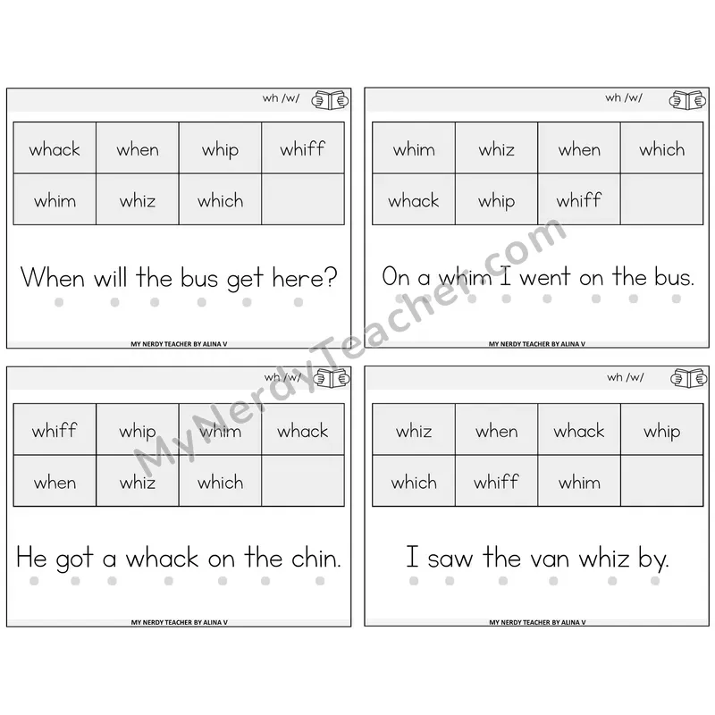 WH Digraph Decodable Fluency Mats Task Cards — Decodable Sentences