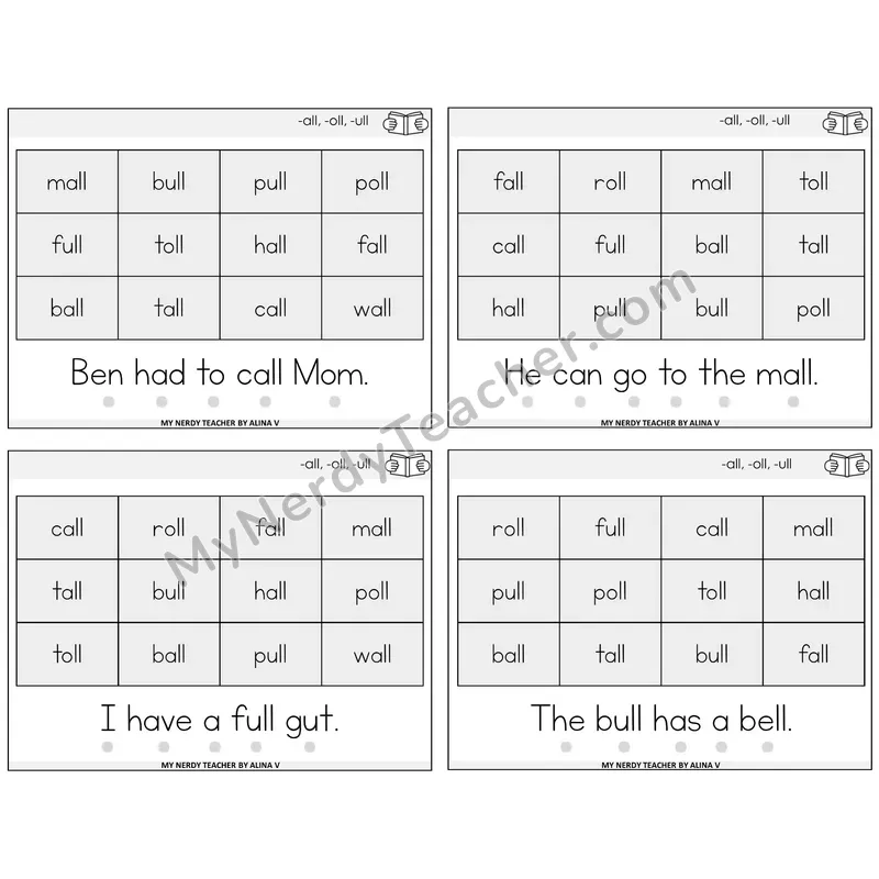 All, Oll, Ull Decodable Fluency Mats Task Cards — Decodable Sentences