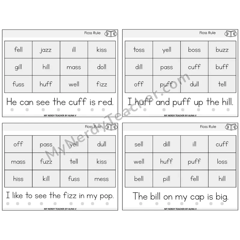 Floss Rule (ff, ll, ss, zz) Decodable Fluency Mats Task Cards — Decodable Sentences