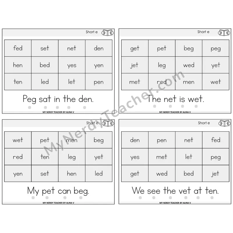 Short E Decodable Fluency Mats Task Cards — Decodable Sentences