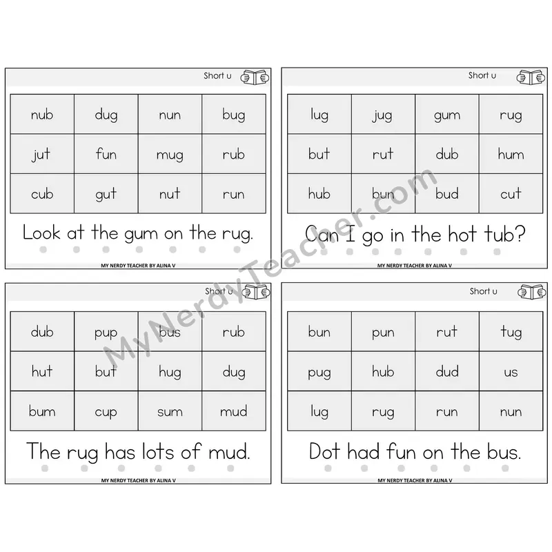 Short U Decodable Fluency Mats Task Cards — Decodable Sentences