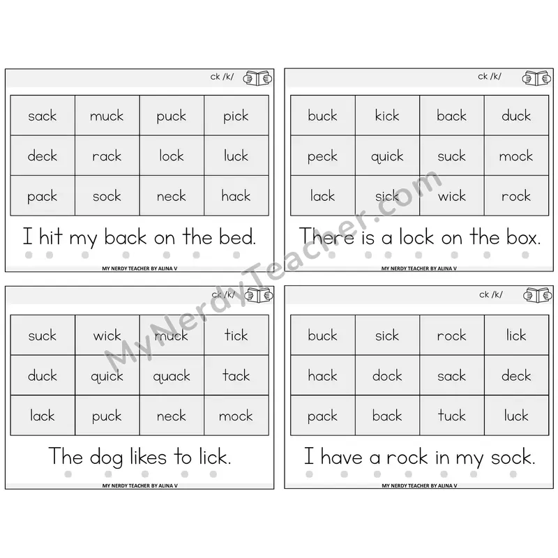 CK Digraph Decodable Fluency Mats Task Cards — Decodable Sentences