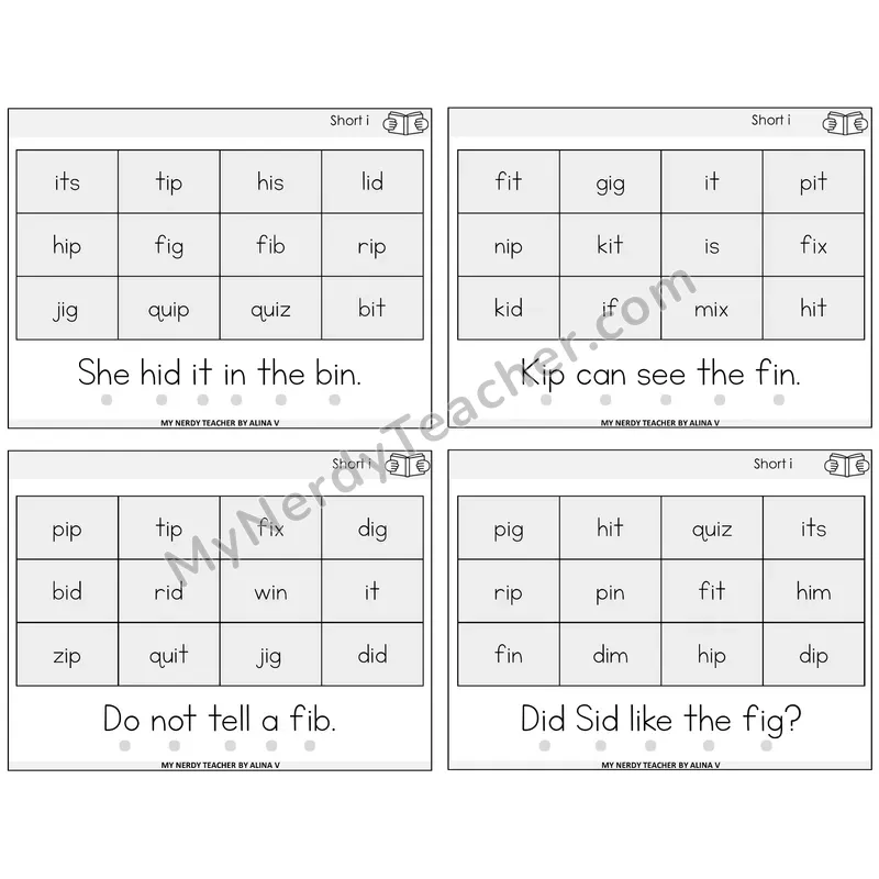 Short I Decodable Fluency Mats Task Cards — Decodable Sentences