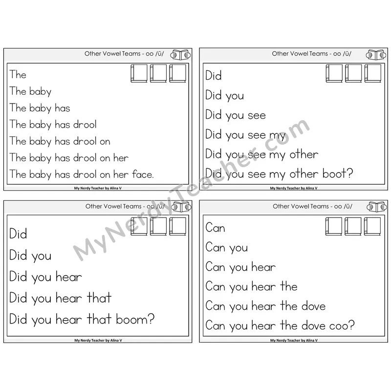 Long OO (/ū/) Sentence Pyramids Task Cards — Decodable Sentences