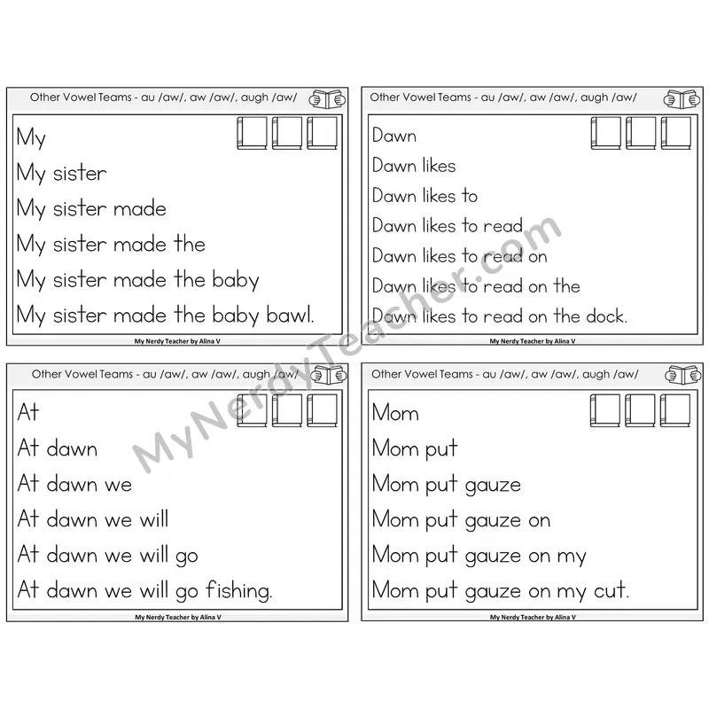 AU, AW, AUGH (/aw/) Sentence Pyramids Task Cards — Decodable Sentences