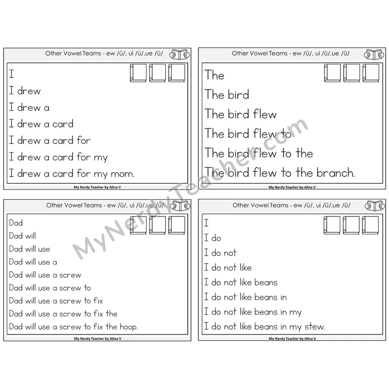 Long U (ew, ui, ue) Sentence Pyramids Task Cards — Decodable Sentences