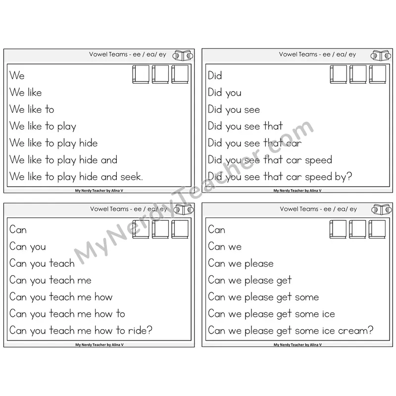 Long E Vowel Teams (ee, ea, ey) Sentence Pyramids Task Cards — Decodable Sentences