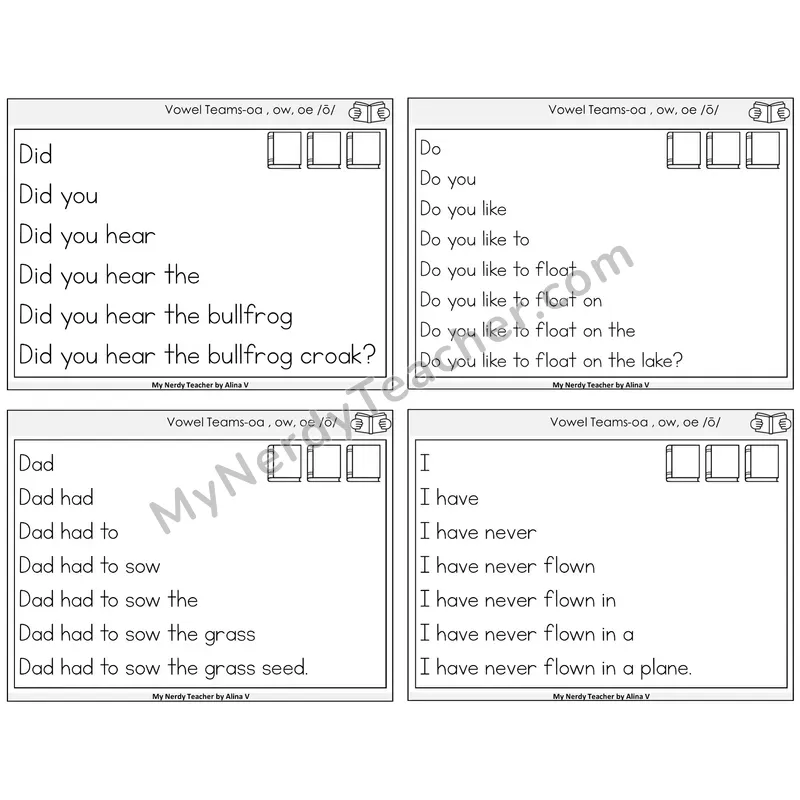Long O Vowel Teams (oa, ow, oe) Sentence Pyramids Task Cards — Decodable Sentences