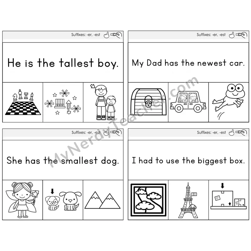 Suffixes -er and -est Read and Clip Task Cards — Decodable Sentences
