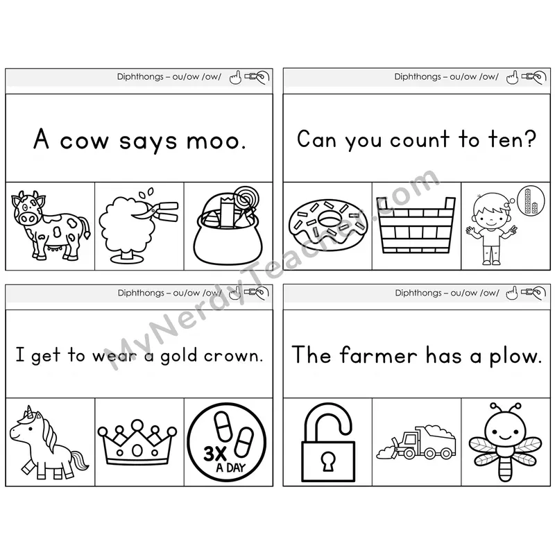 Diphthong OU and OW Read and Clip Task Cards — Decodable Sentences