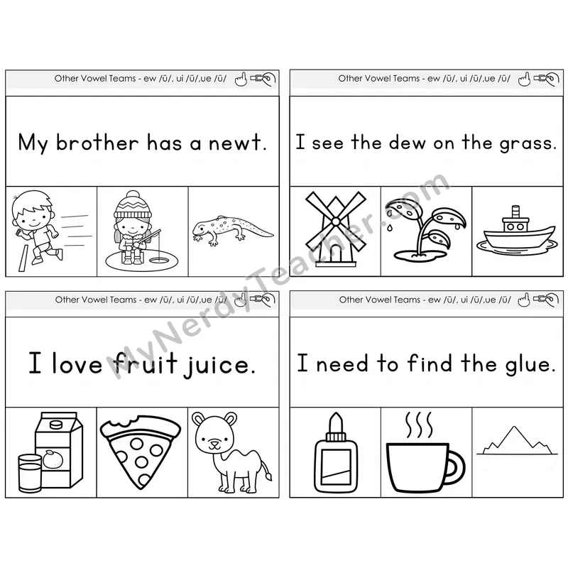 Long U (ew, ui, ue) Read and Clip Task Cards — Decodable Sentences