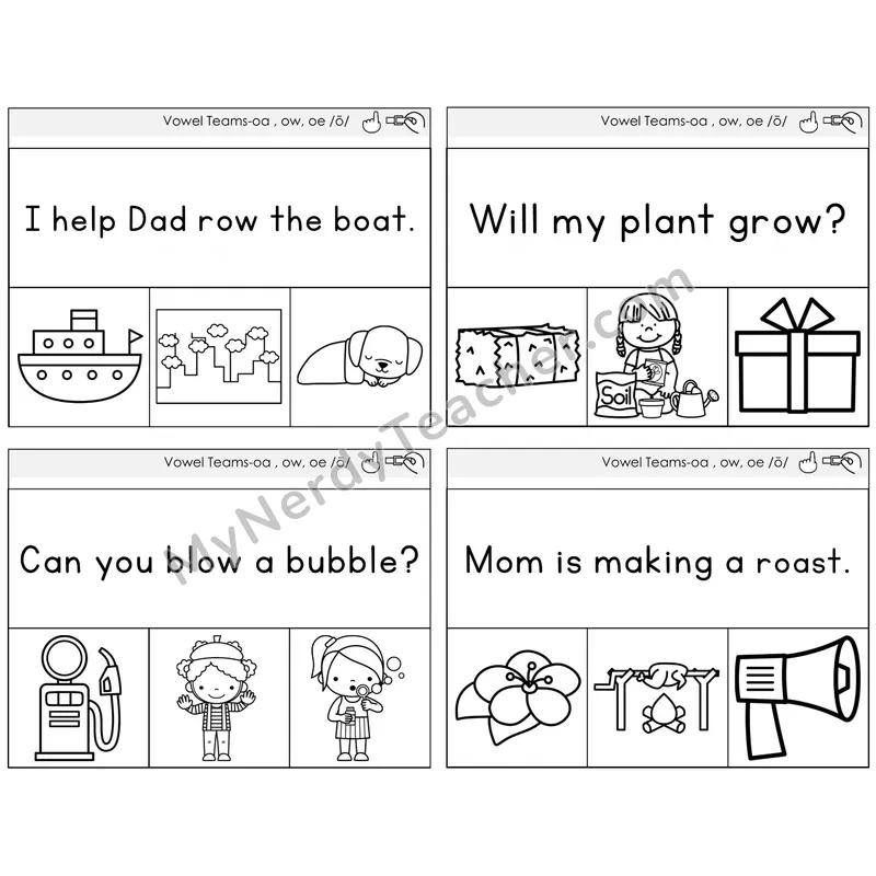 Long O Vowel Teams (oa, ow, oe) Read and Clip Task Cards — Decodable Sentences