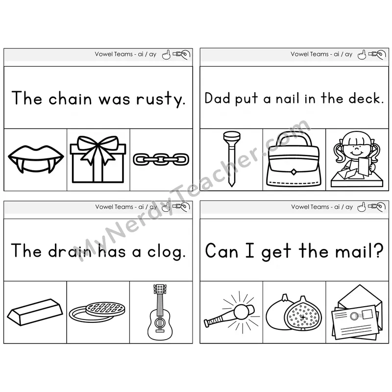 Long A Vowel Teams (ai, ay) Read and Clip Task Cards — Decodable Sentences