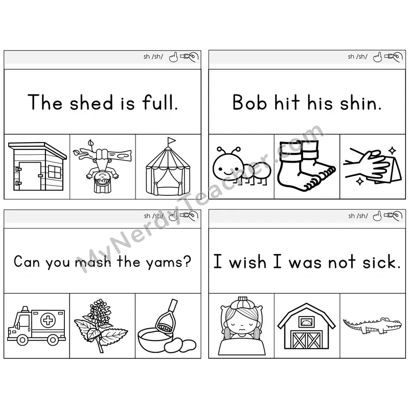 SH Digraph Read and Clip Task Cards — Decodable Sentences