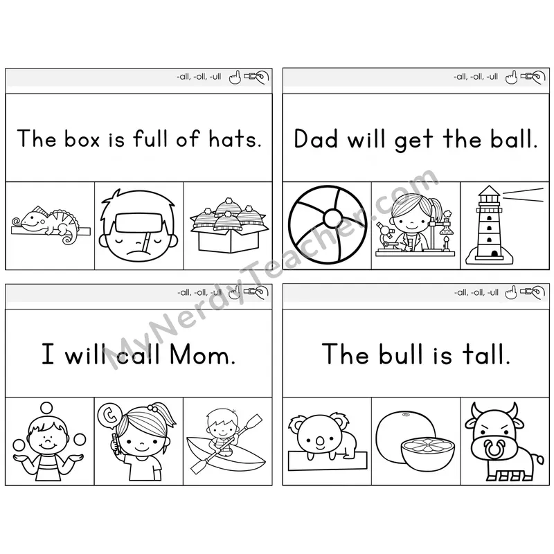 All, Oll, Ull Read and Clip Task Cards — Decodable Sentences