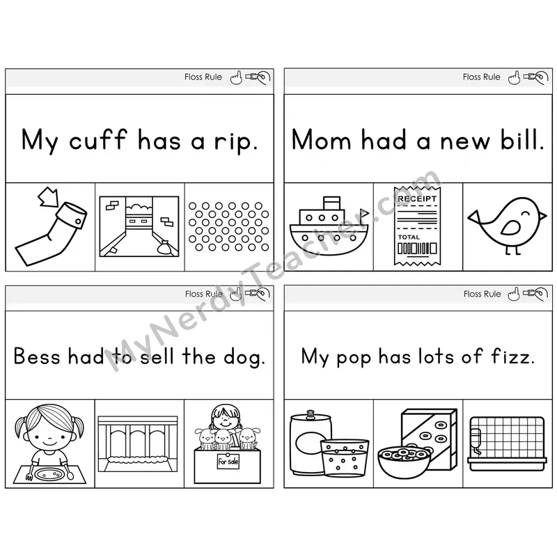 Floss Rule (ff, ll, ss, zz) Read and Clip Task Cards — Decodable Sentences