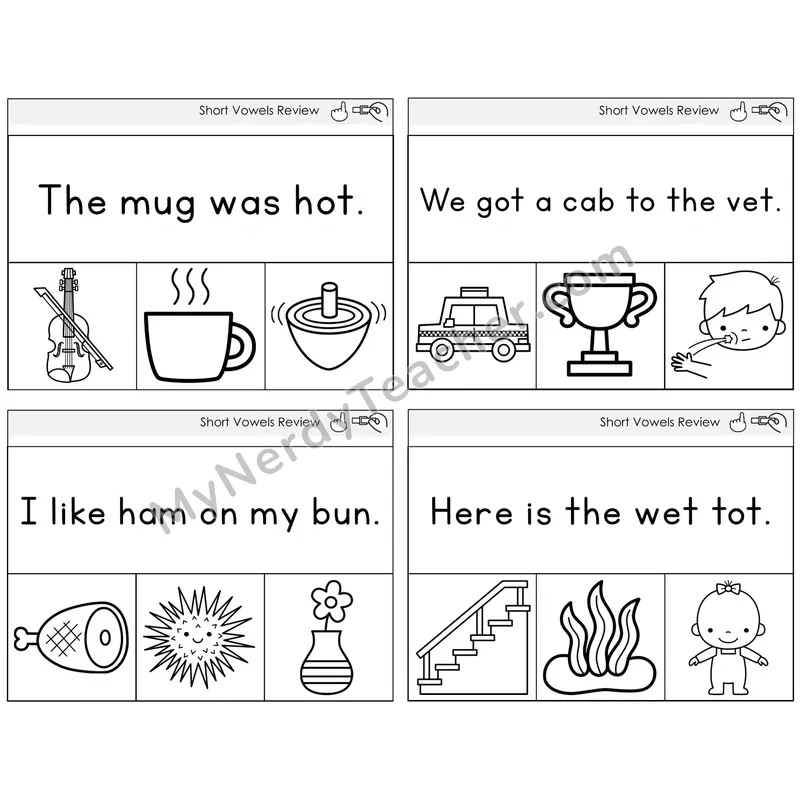 Short Vowels Review Read and Clip Task Cards — Decodable Sentences