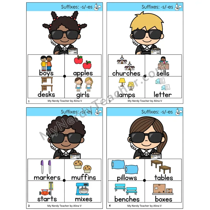 Suffixes -s and -es Word Spinners Task Cards — Decodable Sentences