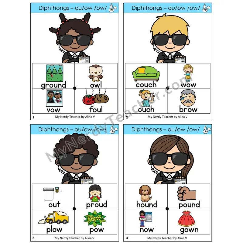 Diphthong OU and OW Word Spinners Task Cards — Decodable Sentences