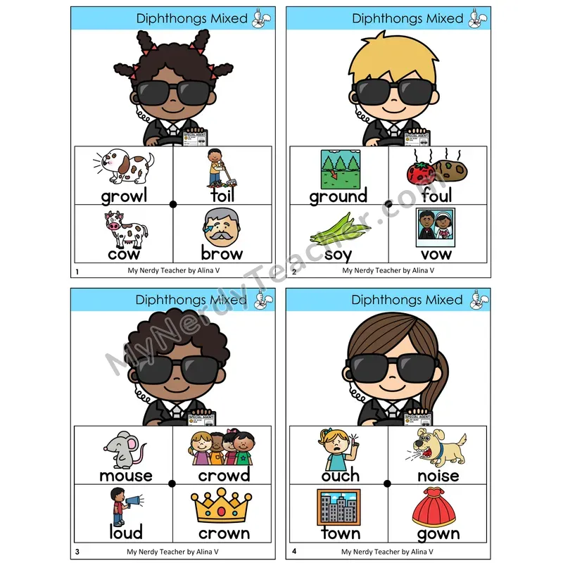 Mixed Diphthongs Word Spinners Task Cards — Decodable Sentences