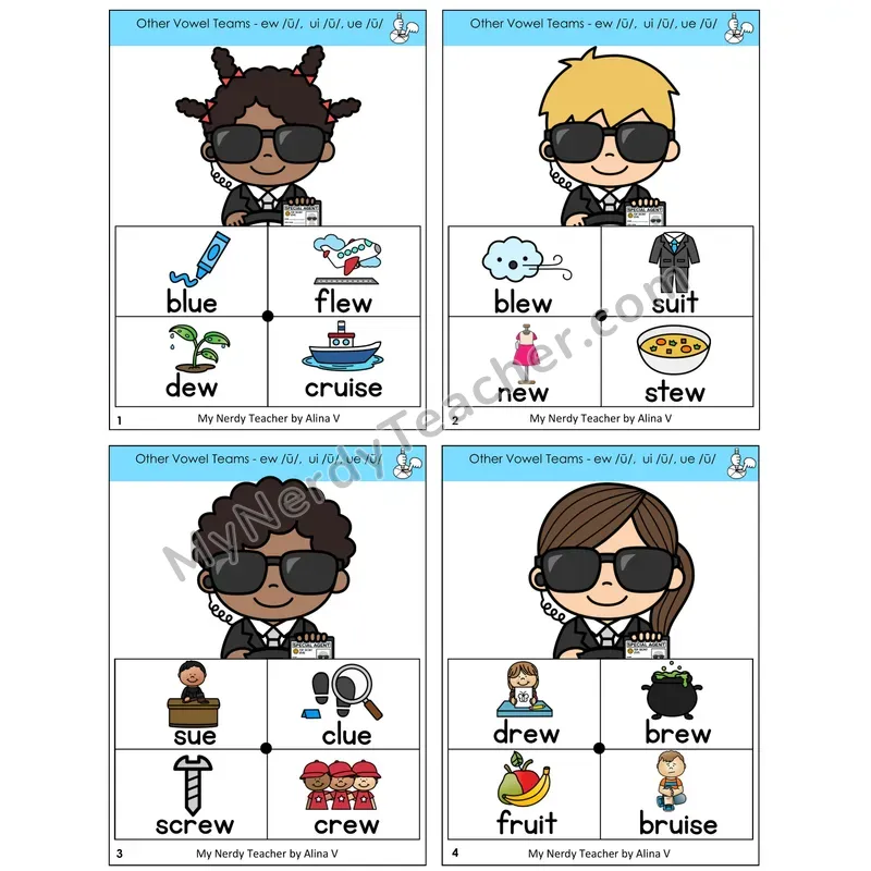Long U (ew, ui, ue) Word Spinners Task Cards — Decodable Sentences