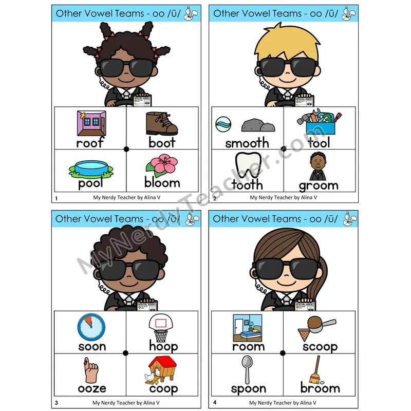 Long OO (/ū/) Word Spinners Task Cards — Decodable Sentences