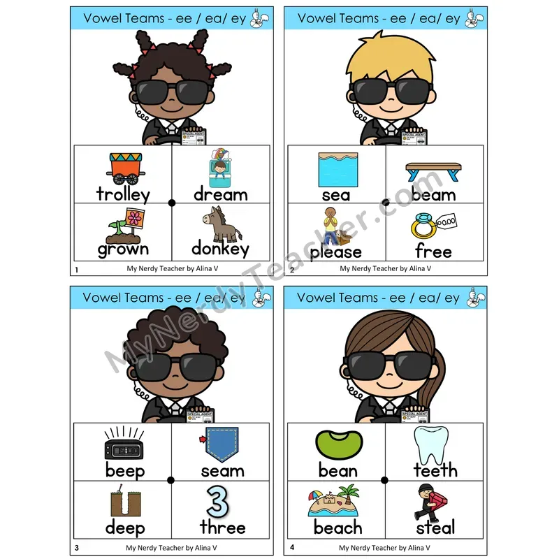 Long E Vowel Teams (ee, ea, ey) Word Spinners Task Cards — Decodable Sentences