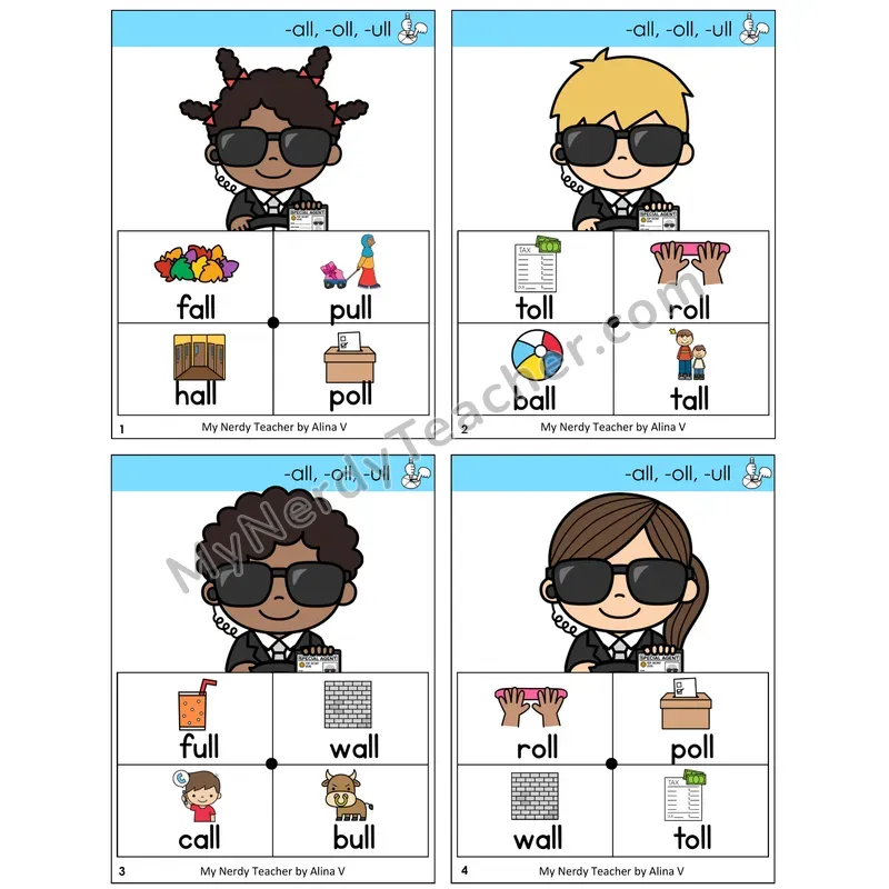 All, Oll, Ull Word Spinners Task Cards — Decodable Sentences