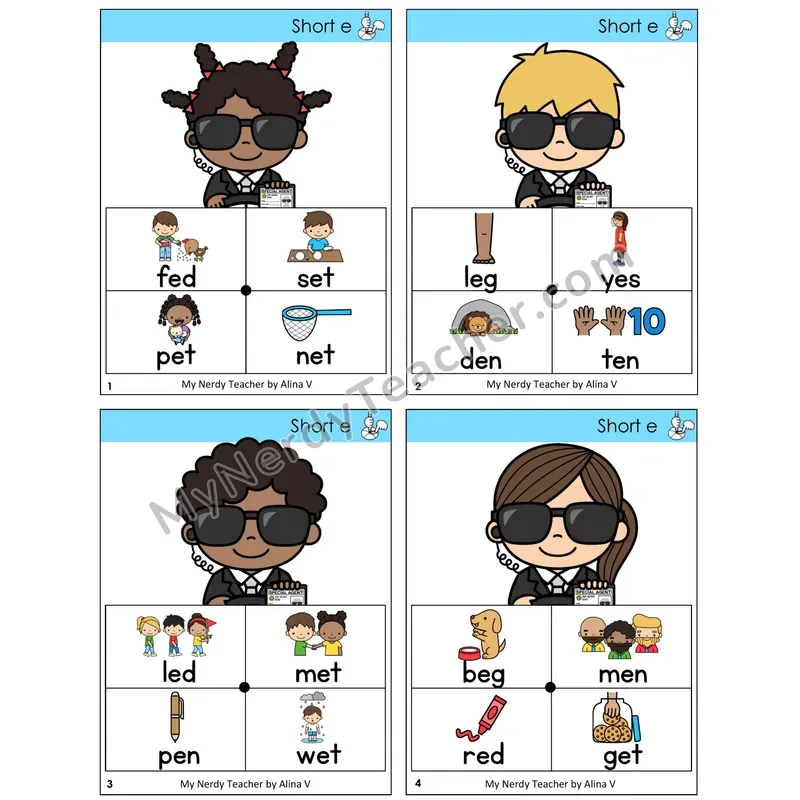 Short E Word Spinners Task Cards — Decodable Sentences